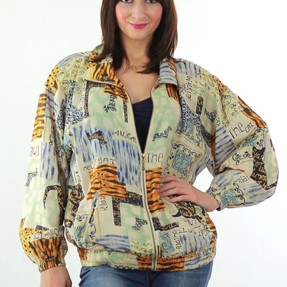 EVR 100% Silk Vintage Abstract Cat Dog Horse Zip Up Jacket